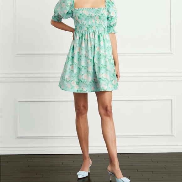 Hill House Athena Nap Dress Mini Puff Sleeve in Blue Roses Size M - Picture 2 of 14